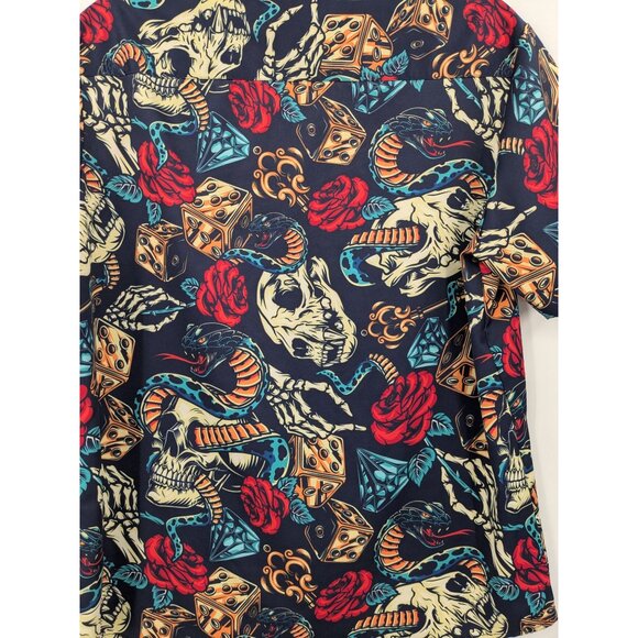 Hawaiian Button Down Men Shirt Size M Skulls Roses Dice Allover Print Retro Art - Picture 5 of 10
